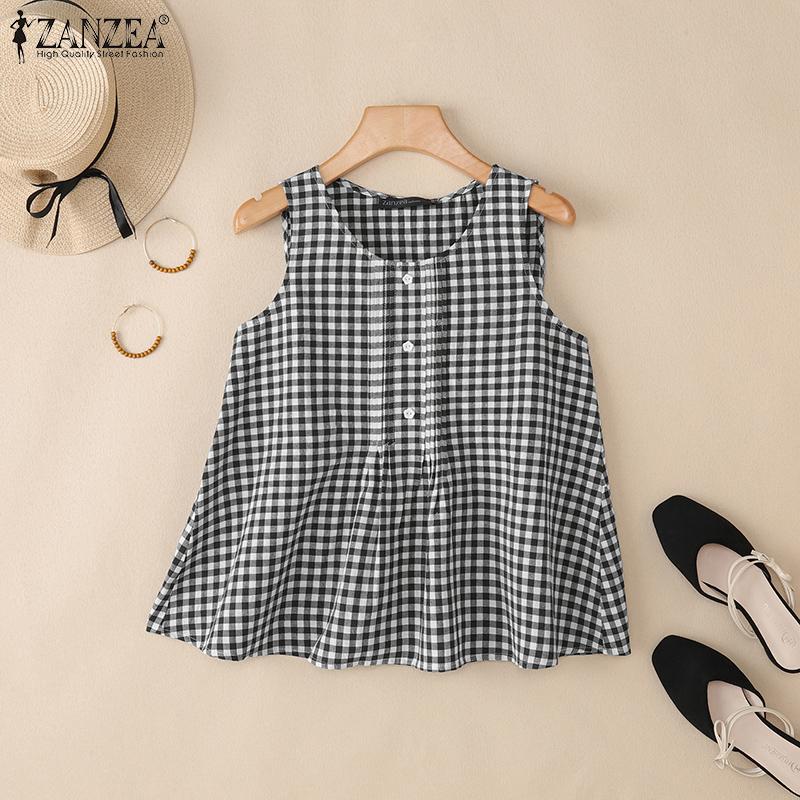 ZANZEA Women Summer Round Neck Casual Sleeveless Plaid Tank Tops