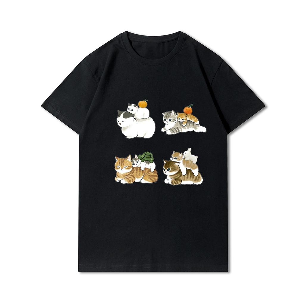 Plus Size Cats Shark Printed Women T Shirts Round Neck Cotton Tops Summer Animal Y2K Fashion 90S Casual Oversize Black Tees