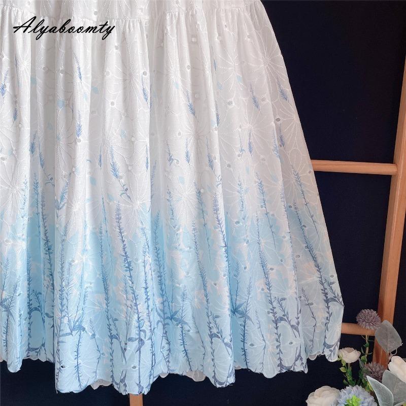Japansk Mori Girl Vår Sommar Dam Midi-kjol Hög Midja Vit Blå Blommig Broderad Kjold Bomull Söt Elegant Feminin Lång Kjold