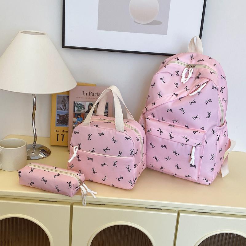 Chic Bow Accent Backpack Set 3Pcs Handbag&Pencil Bag Contrast Stitching Multi Pocket Women's Coordinated Set for Campus Commute