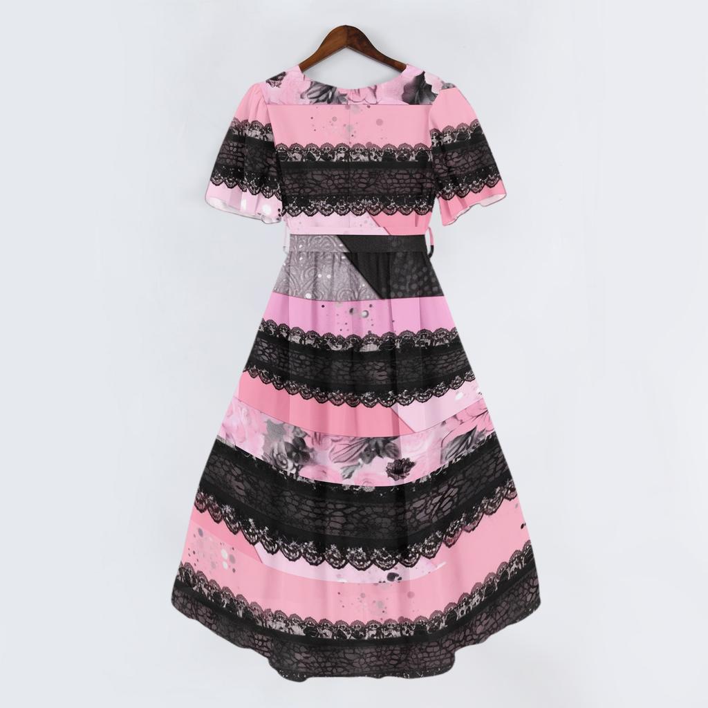 Women V Neck Short Sleeve Casual Dress Vintage Floral Print Midi Dress with Wrap Style and Flared Hem Suitable for Daily Wear
