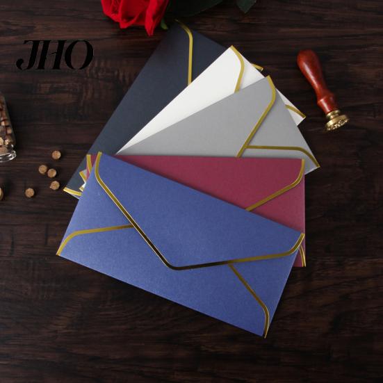 Enveloppes d'invitation de fête 10 pièces Bordure dorée Rabat en V Scellage rapide Vintage Luxe Bureau Vérification Lettre Envoi Anniversaire Salutation Remise des diplômes Mariage Kit