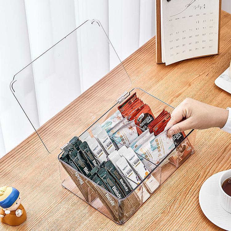 Organizator transparent pentru pliculețe de ceai și cafea cu capac și compartiment pentru carduri