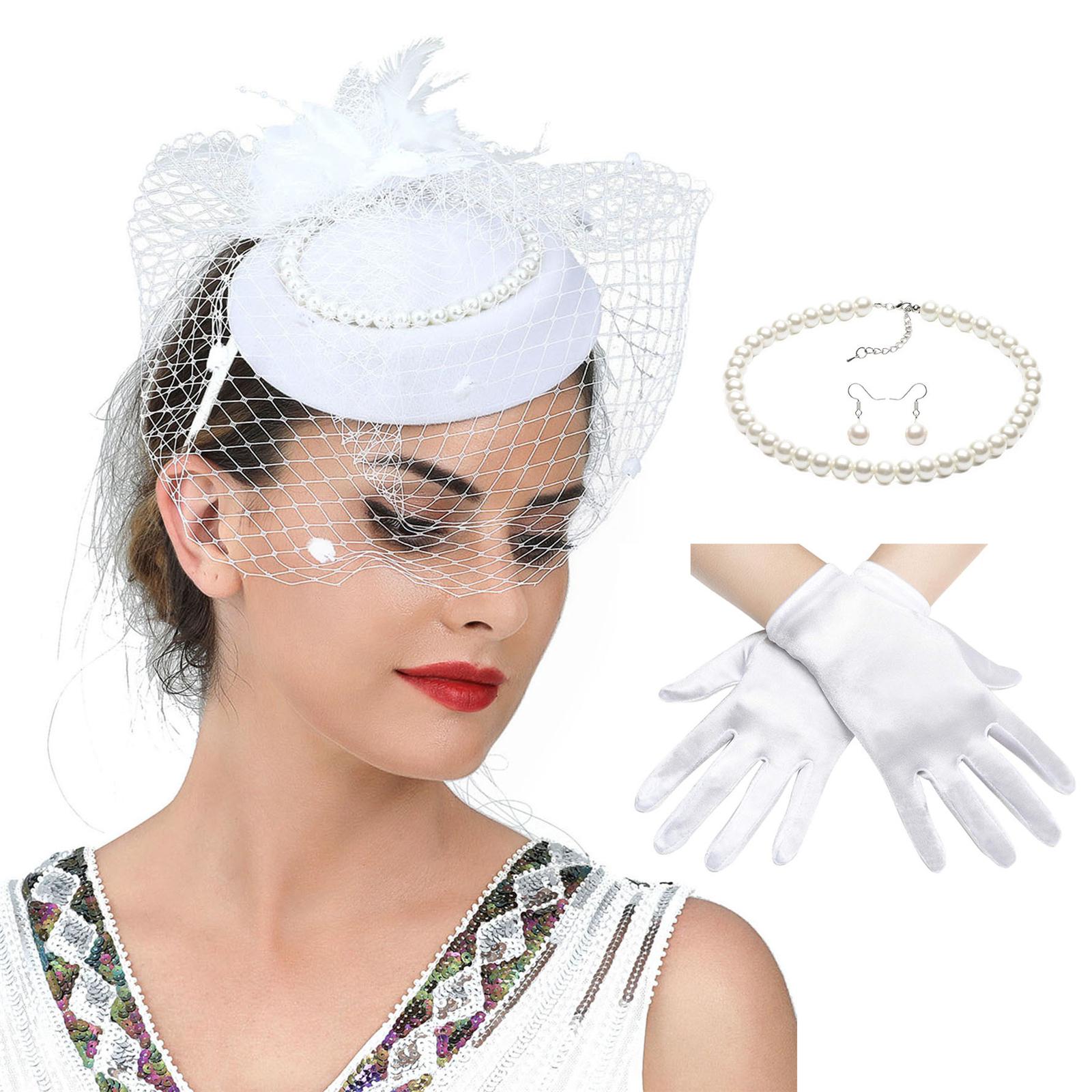 

Шляпа для Кентуккийского дерби для женщин, шляпка-фасинатор с перьями и ожерелье, серьги, перчатки, набор для чаепития, церкви, свадьбы белый