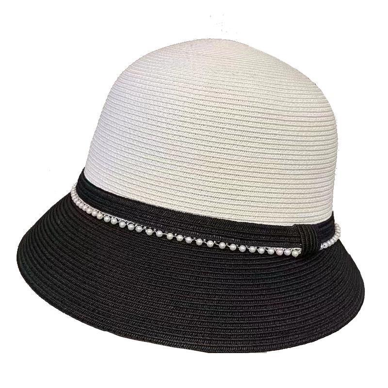 Dome Straw Color Matching Bucket Hat Pearl Straw Hat Women's Summer Sunshade Sunscreen Top Hat Foldable Sun Hat