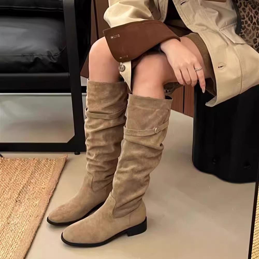 Coarse Heel Suede Khaki Pile Medium Tube Knight Boots Women's Shoes New Autumn and Winter Long Boots