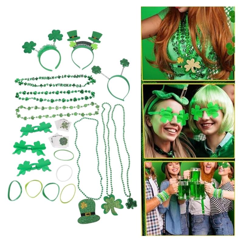 Saint Patricks Day Accessories Party Favors Shamrock Glasses Beaded Necklace for Irish Saint Patrick's Day Decorations