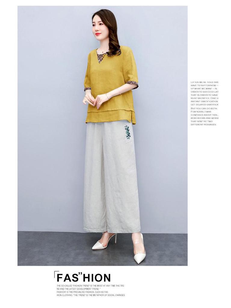 Summer 2025 Women's Retro Chinese Style Linen Top and Wide-Leg Pants Set