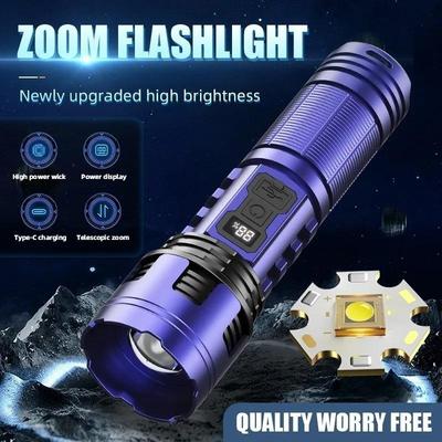 Portable Powerful LED Flashlight with Digital Display COB Side Light Long Range Lamp Zoom Torch Outdoor Lighting