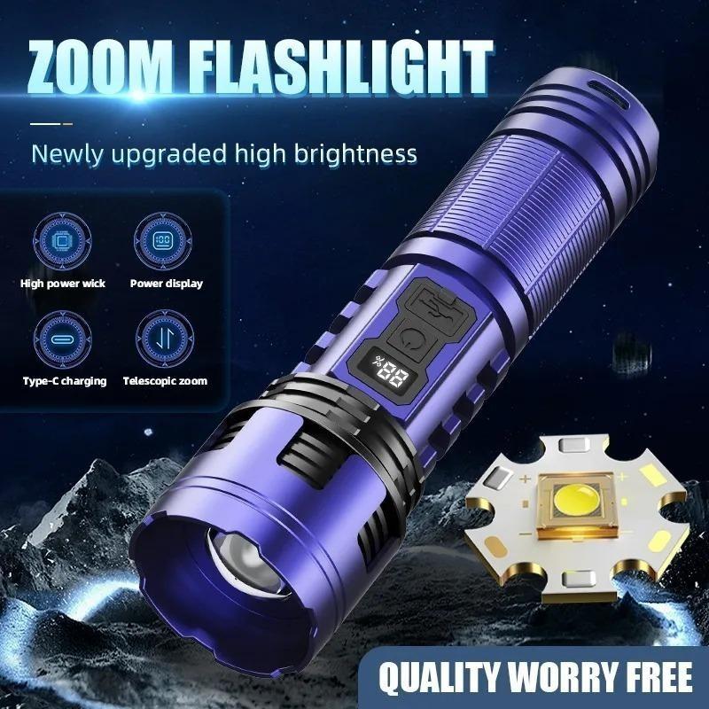 Portable Powerful LED Flashlight with Digital Display COB Side Light Long Range Lamp Zoom Torch Outdoor Lighting