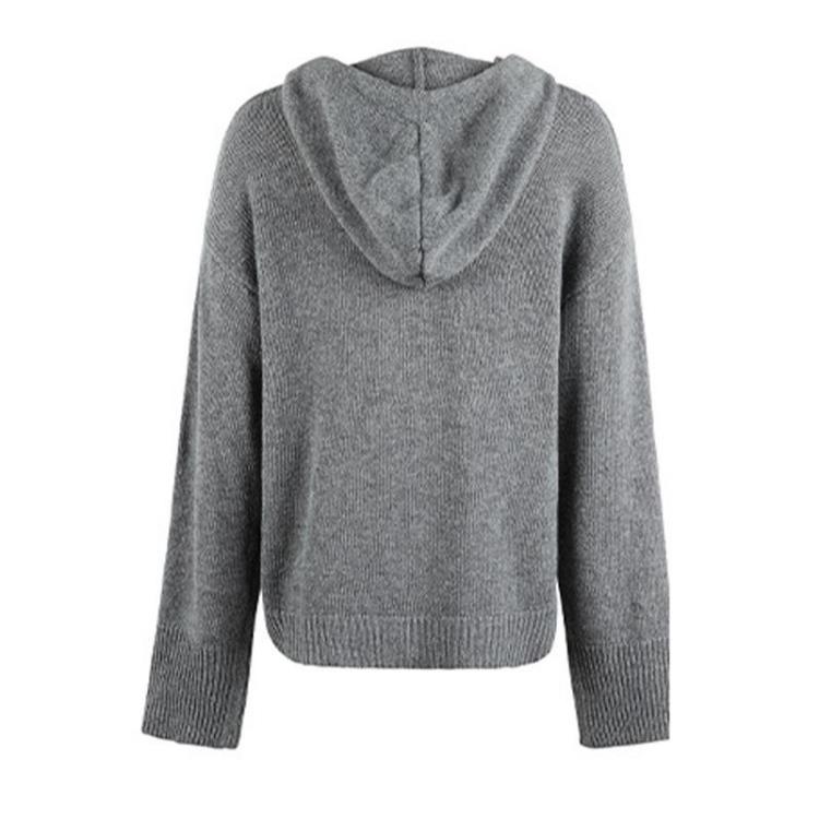 Women's Hooded Jacket with Solid Color Knitted Cardigan Drawstring