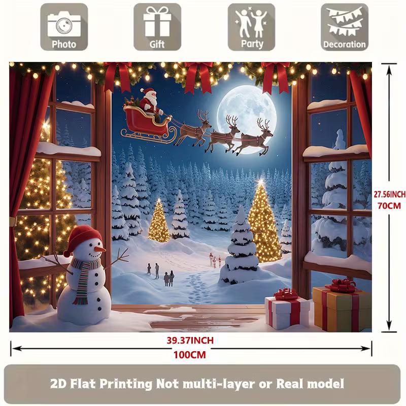 2D Christmas Party Backdrop, Window Scene & Santa's Sleigh Photography Background