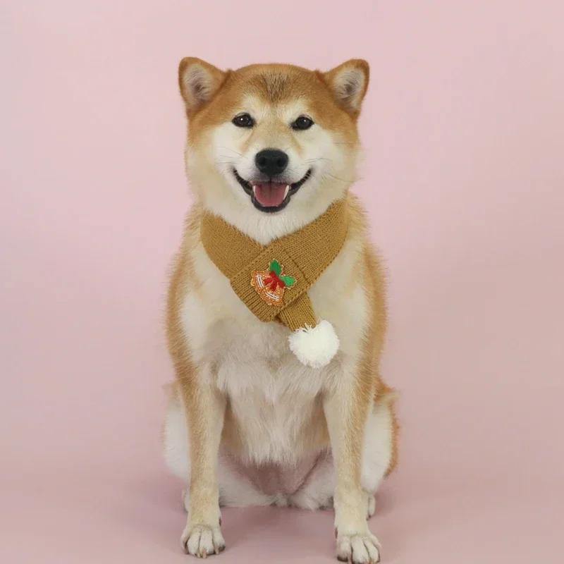 Cat Dog Knitted Scarf Christmas Tree & Bell Embroidery Neck Warmer with Pompom Ball Xmas Party Pet Dress-up Costume Accessories