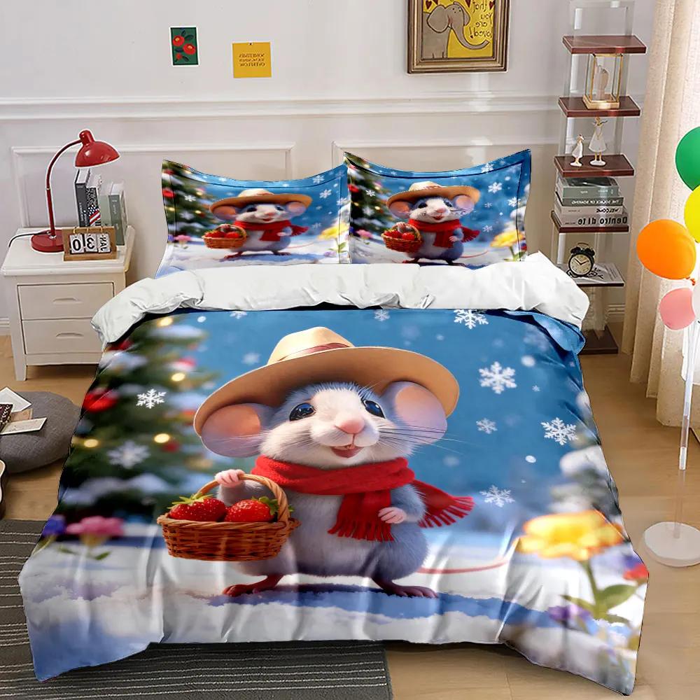 "Holiday Mouse Winter Decoration Set" Soft Comfortable Duvet Cover Bedding Set Included 1*Duvet Cover & 2*Pillowcases gift