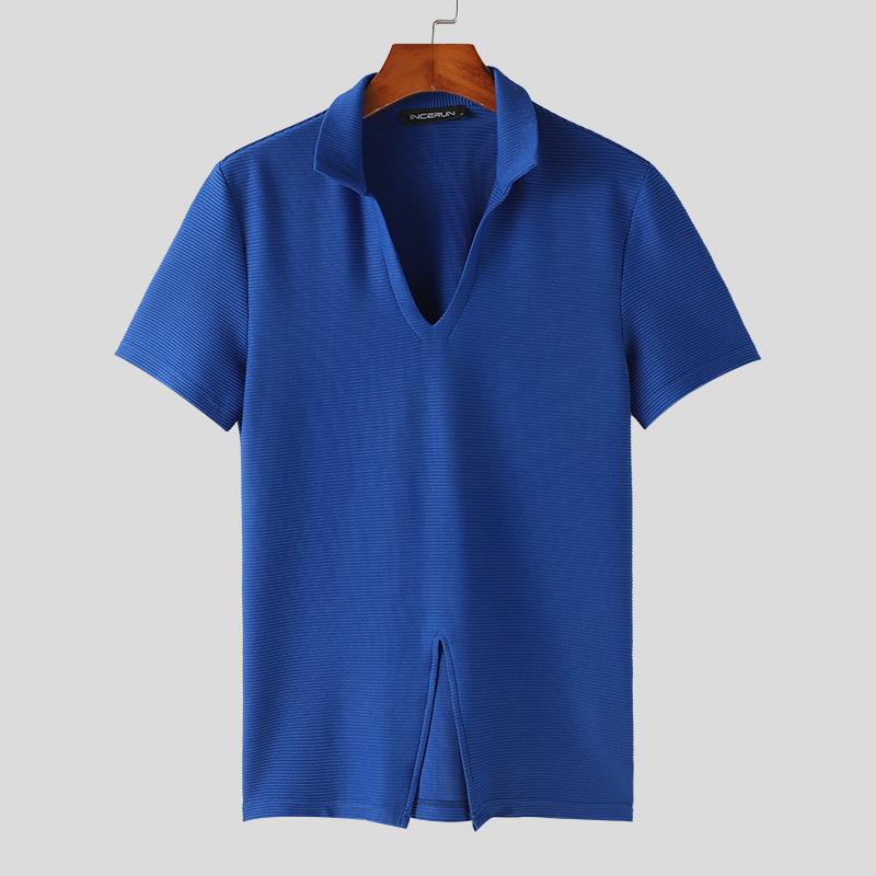 

INCERUN Летние мужские топы с V-образным вырезом и коротким рукавом, ребристые, облегающие футболки 2XL синий