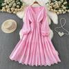 French Pink V-Neck Embroidered Ruffle Dress: Women's Autumn/Winter Waist-Cinching Long Dress