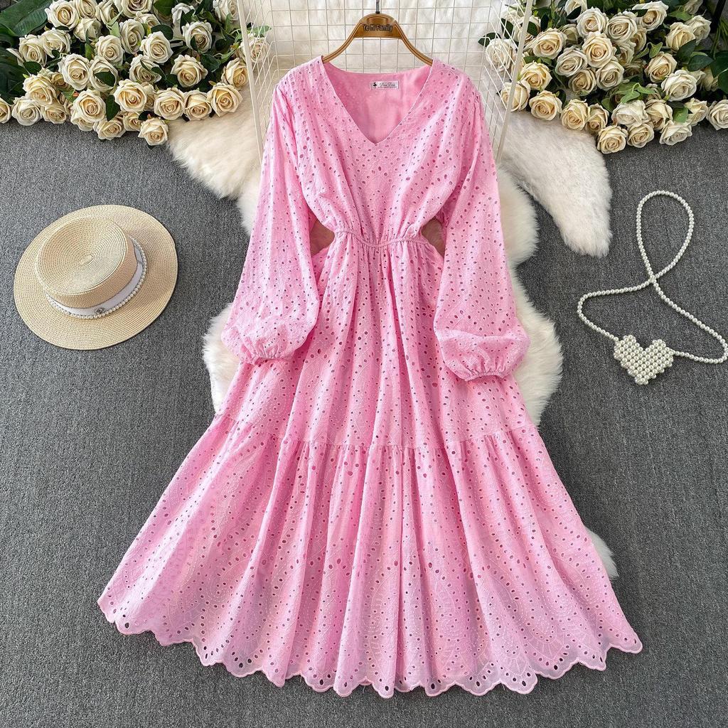 French Pink V-Neck Embroidered Ruffle Dress: Women's Autumn/Winter Waist-Cinching Long Dress