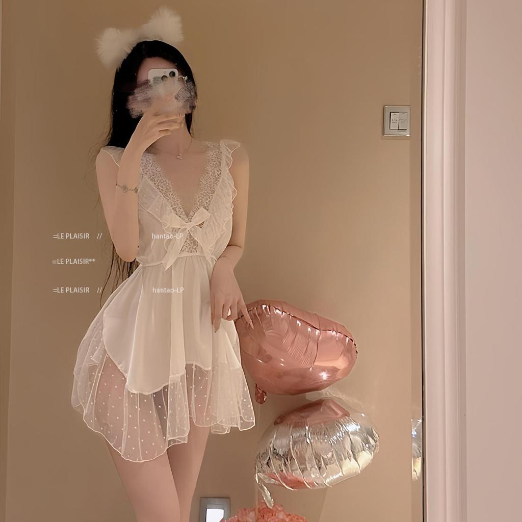 > Polka Dot Mesh Nightgown with Bow Strap - Women's Nightwear Set