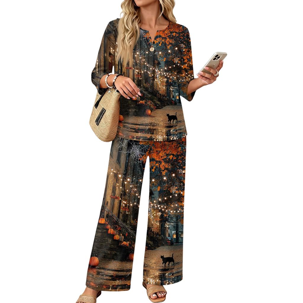 Women's Casual 2 Piece Outfit Set Printed 3/4 Sleeve Button Down Top Wide Leg Pants Wear