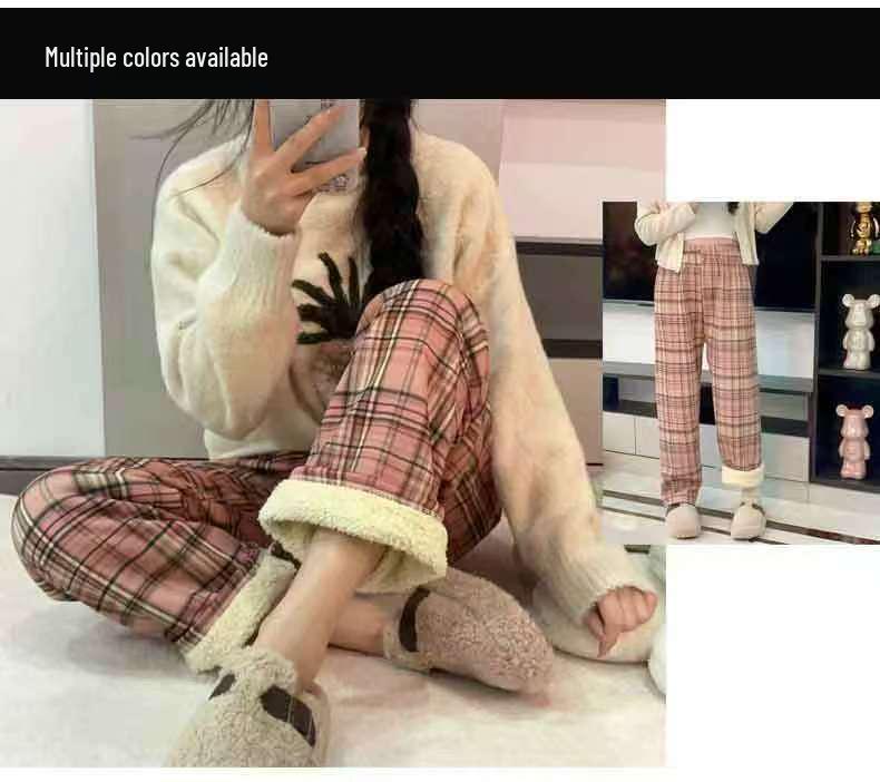 Women's High-Waisted Plaid Wide-Leg Pants - Autumn/Winter Casual Velvet Trousers