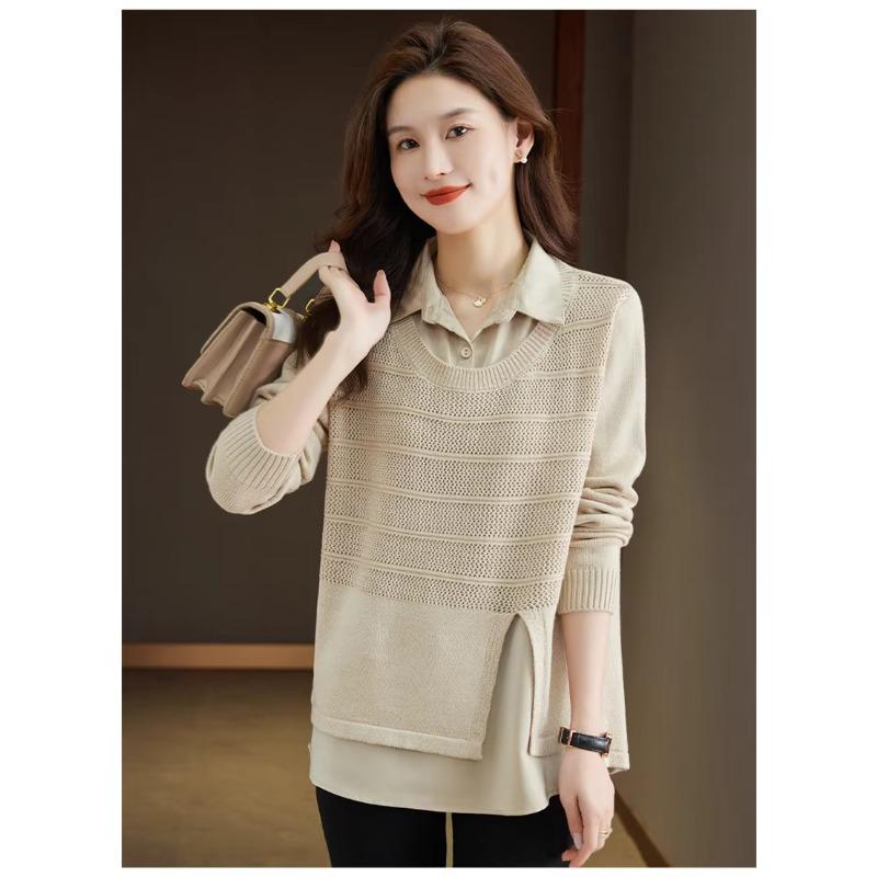 Korean Fake Two-piece Shirt Knitted Women's Spring Autumn Fashion Loose Sweater Bottoming Shirt Knitwear