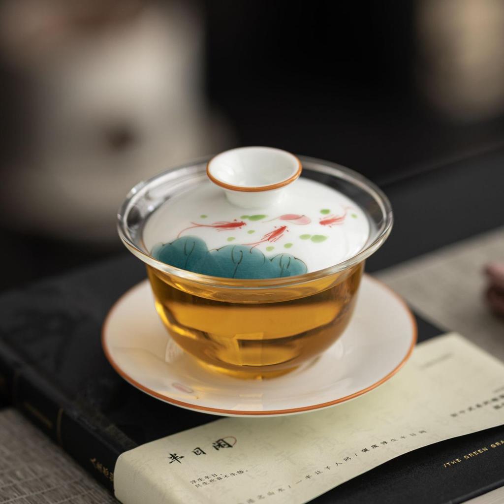 Chinese Hand-Painted Gaiwan Tea Set with Borosilicate Glass and Mutton Fat Jade White Porcelain