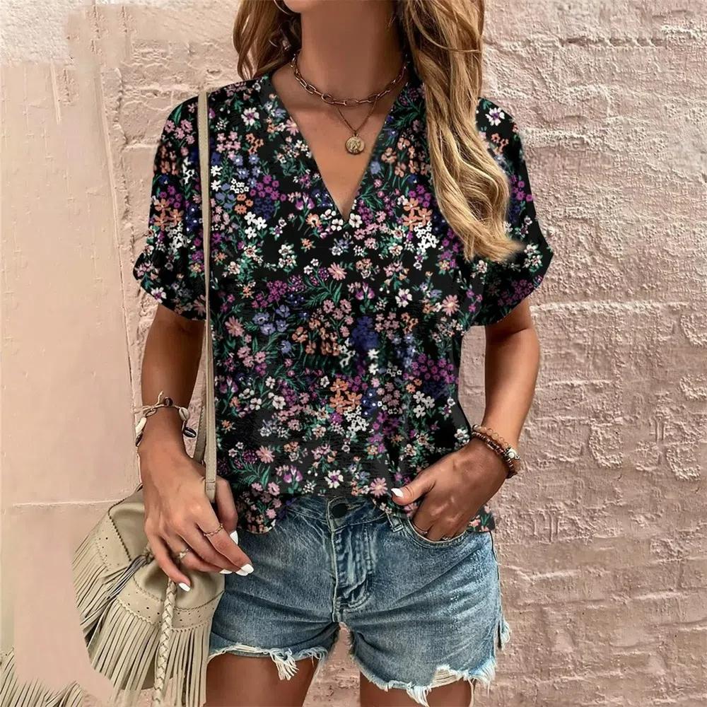 S-8XL Plus Size Crushed Flower Casual T Shirts Streetwear Casual Women's Short Sleeve Tops Tees V Neck T-shirt Fashion Clothing