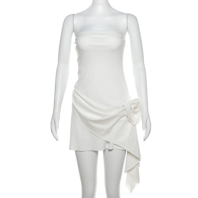 

Transition Sexy Zone Fashion Wind Fashion Dignified Flowers Decoration Pure Color Tube-Top Dress Female Irregular Skirt White S