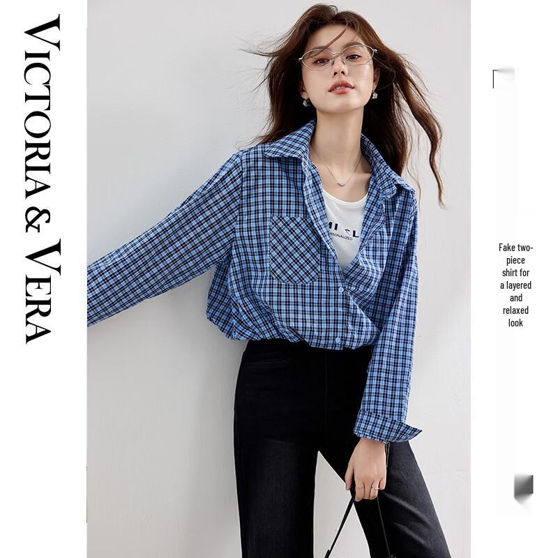 VICTORIA&VERA Women s Plaid Faux Two-Piece Long Sleeve Shirt XL
