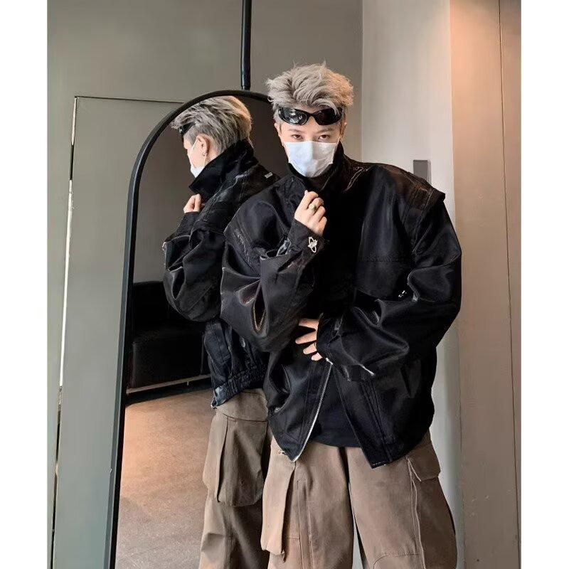 Мужская японская ретро деконструированная кожаная куртка с лацканами - Clenafit свободного кроя рабочая одежда XL чёрный