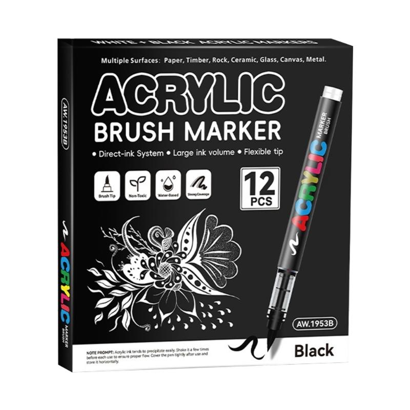 12 Stück Flüssig-Acryl-Marker Weiß/Schwarz Pinselspitze Acrylfarbe Stift zum Malen auf Papier Holz Glas Stoff Metall Stein