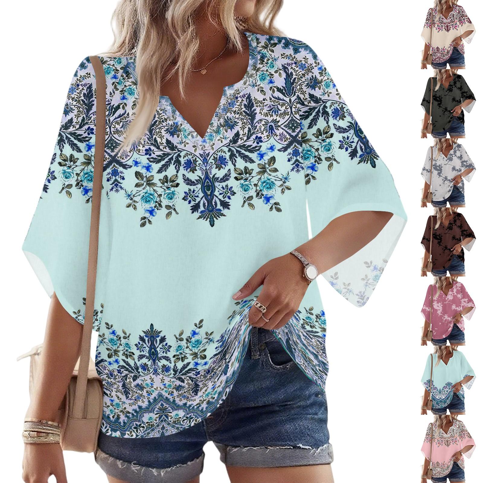 

Women s 3/4 Sleeve V Floral Shirt Casual Loose Tunic Top L бежевий