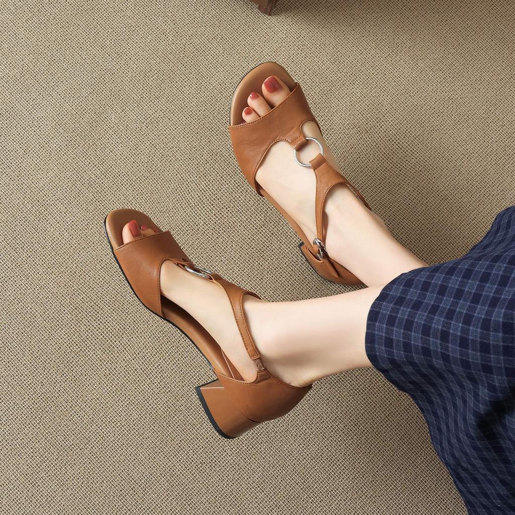 Krazing Pot Cow Skin Med Heels European Design Summer Size 40 Circle Buckle Straps Women Sandals