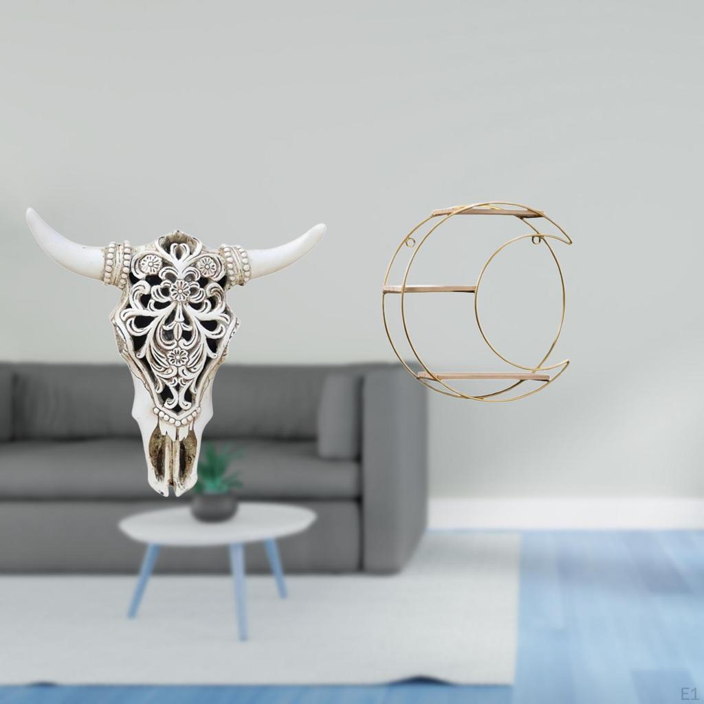 Tribal Bull Head Sculpture Wall Hanging Art with Metal 3 Tier Shelf Decor Space Saving