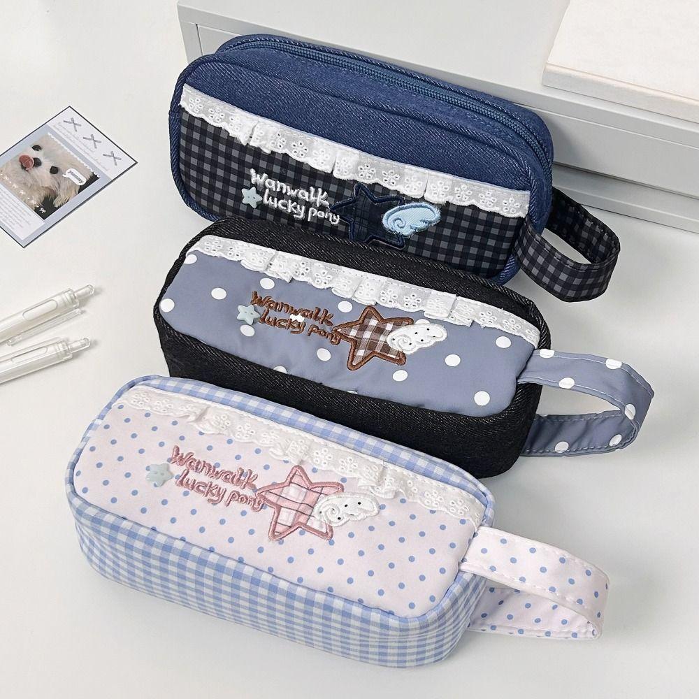 Lace Plaid Print Pen Bag With Handle Stationery Bag New Stationery Organizer Gift