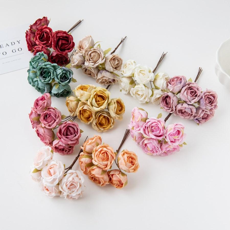 12Pcs Artificial Flowers Silk Tea Rose Wedding Bouquet Wreath Scrapbooking for Home Valentine Decoration Diy Holiday Accessories