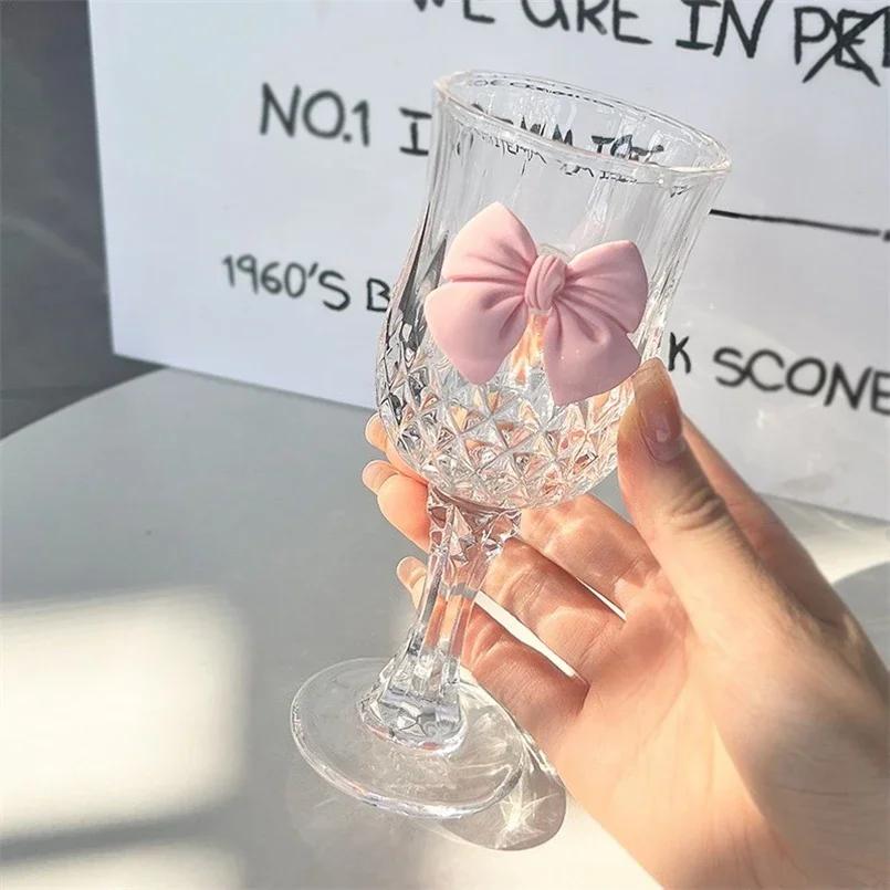 Nordic Style Court Goblet Niche Design Bow Decoration Glass Simple Household Whisky Glass Beverage Juice Dessert Cup Drinkware