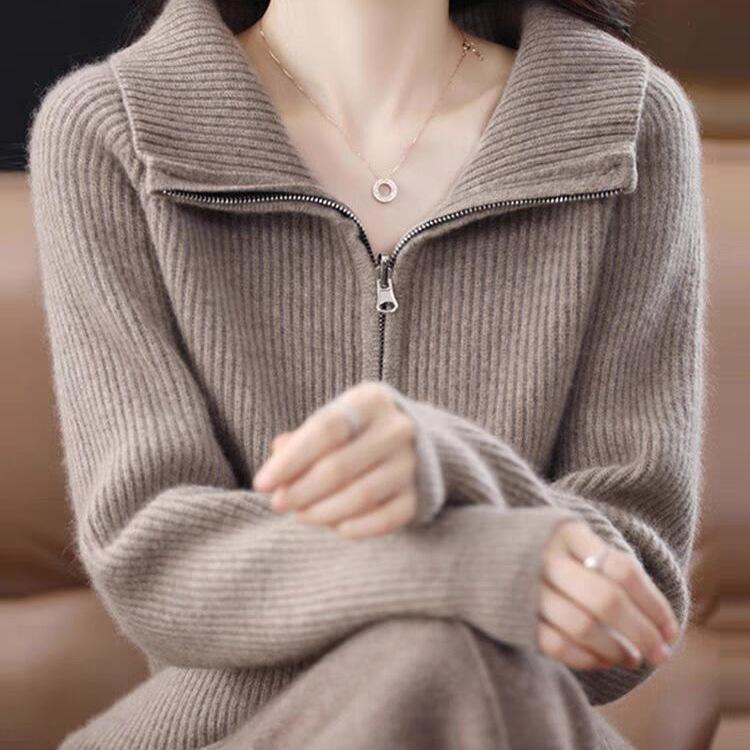 

Новый кардиган женский однотонный пиджак с лацканами на молнии свободный утягивающий кашемировый вязаный свитер 2XL