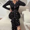 Pajama Set for Women Cherry Print Long Sleeve Crop Top And Long Pants Loungewear Casual 2 Piece Pjs Sleepwear Set