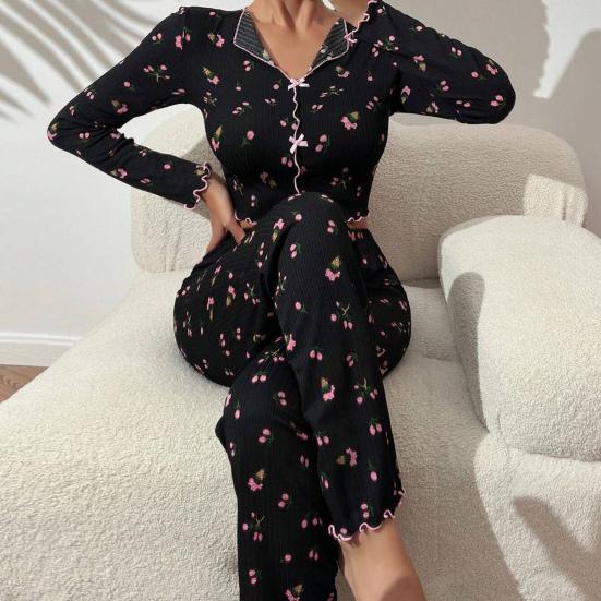 Pajama Set for Women Cherry Print Long Sleeve Crop Top And Long Pants Loungewear Casual 2 Piece Pjs Sleepwear Set