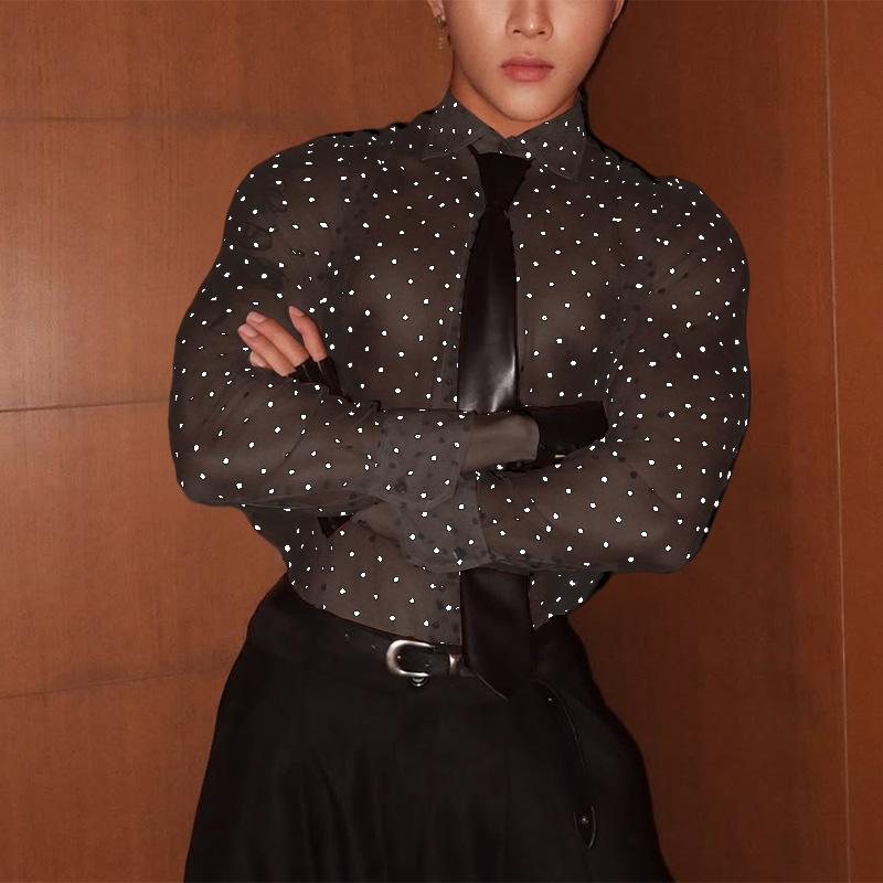 

INCERUN Men Lapel Neck Long Sleeve Mesh Sheer Polka Dots Shirts 4XL чёрный