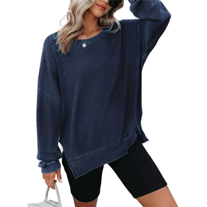 Women's Crew Neck Sweatshirt Loose Batwing Long Sleeve Pullover Irregular Hem Casual Blouse