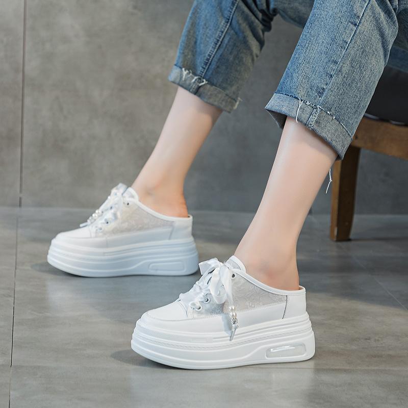 Leather Bag Head Half Slippers Women's Outer Wear 2025 Spring and Summer New Mesh Breathable Thick Sole Inner Height Increase Women's Shoes 9CM Tide