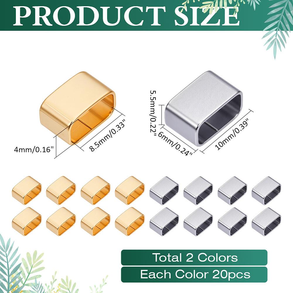 1set 40Pcs 2 Colors 201 Stainless Steel Slide Charms For Leather Cord Bracelets Making Rectangle Golden & Stainless Steel Color 10x6x5.5mm