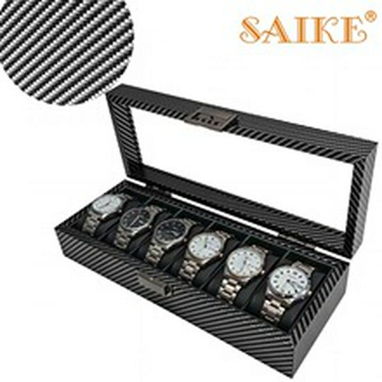 Carbon Fiber Pattern Wood & Silk Cotton 12-Slot Watch Display Box.