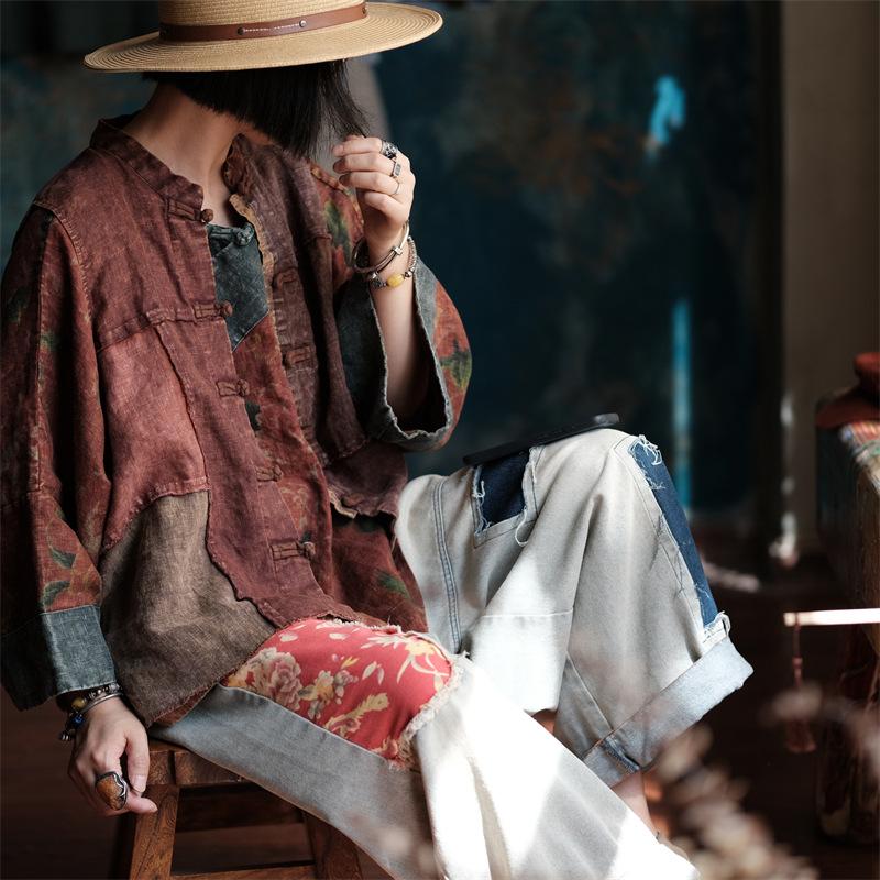 Johnature Women Vintage Coats Spring Chinese Style Patchwork Button Stand Loose Female Coats