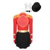 Womens Circus Ringmaster Costume Set Mock Neck Patchwork Bodysuit Complete Hat Bow Collar Gloves