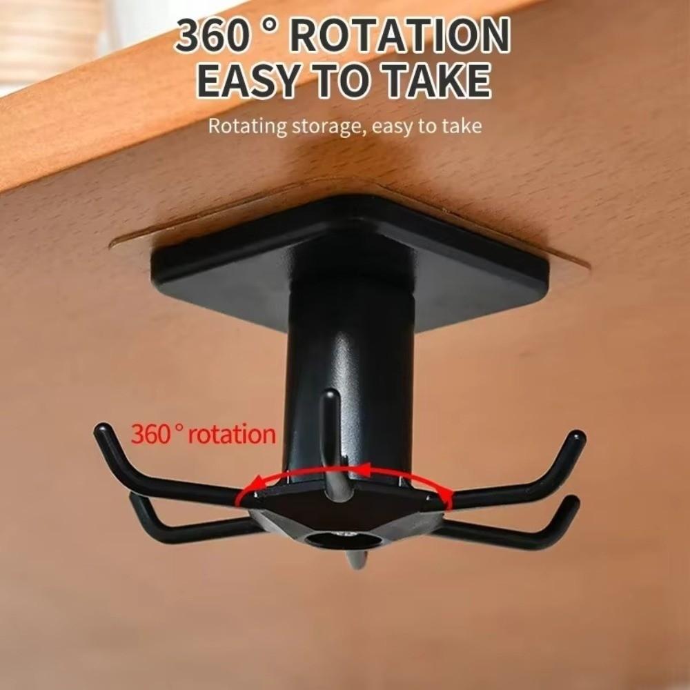 360 Degrees Rotating Storage Rack 6-Claw Space Saving Wall-Mounted Hooks No Punching Adhesive Hooks Utensils Storage