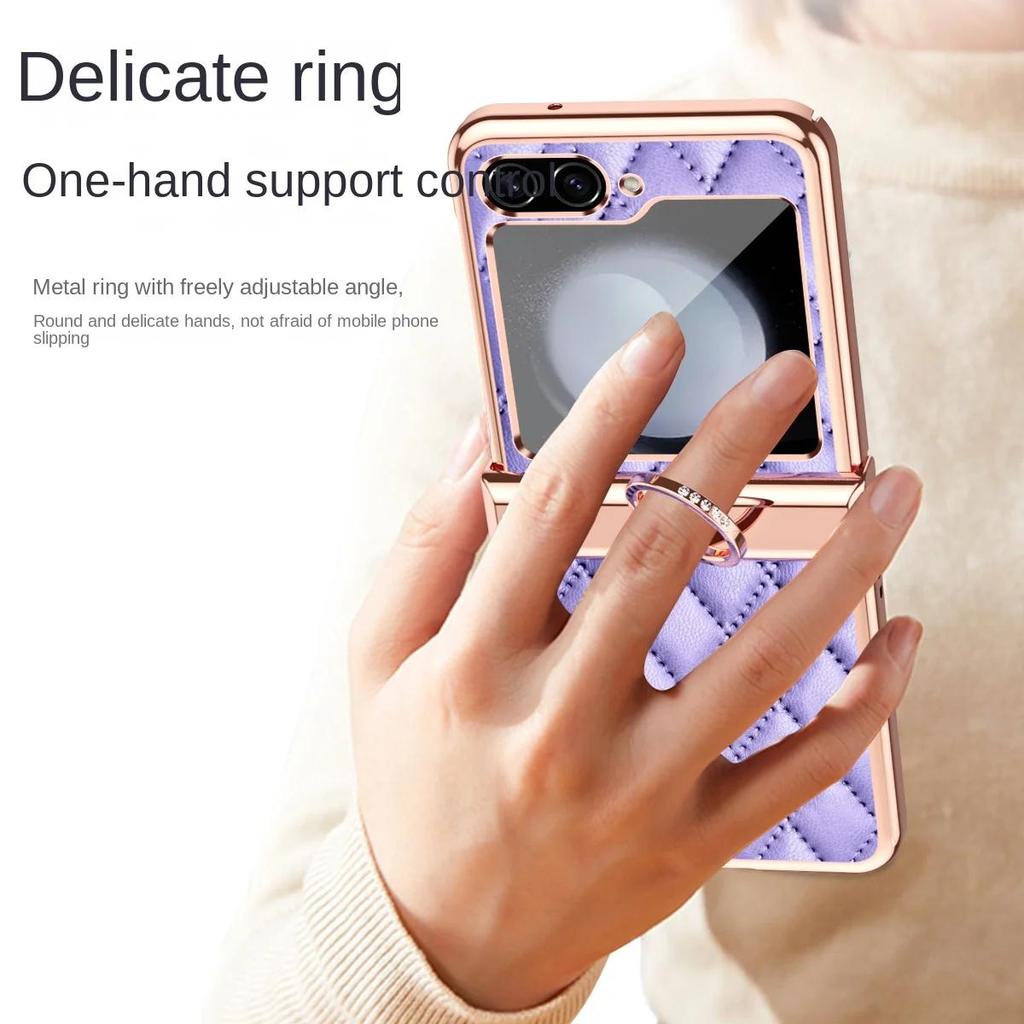Electroplated Ring Leather Phone Case for Samsung Galaxy Z Flip 7 6 5 4 3 Flip6 Flip5 Flip4 Flip3 5G Shockproof Holder Cover
