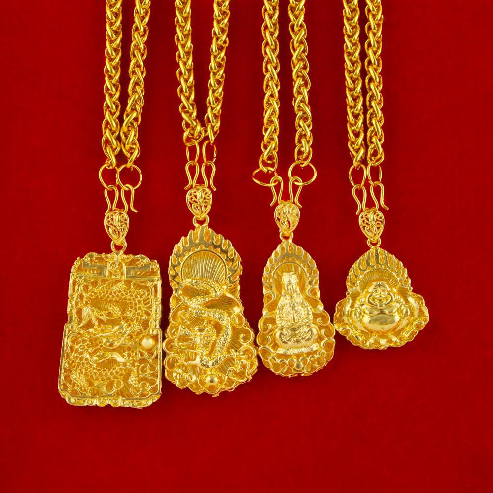 Men's Gold-plated Large Tag Necklace, Flame Square Dragon Brand, Guanyin Maitreya Buddha Pendant Necklace.